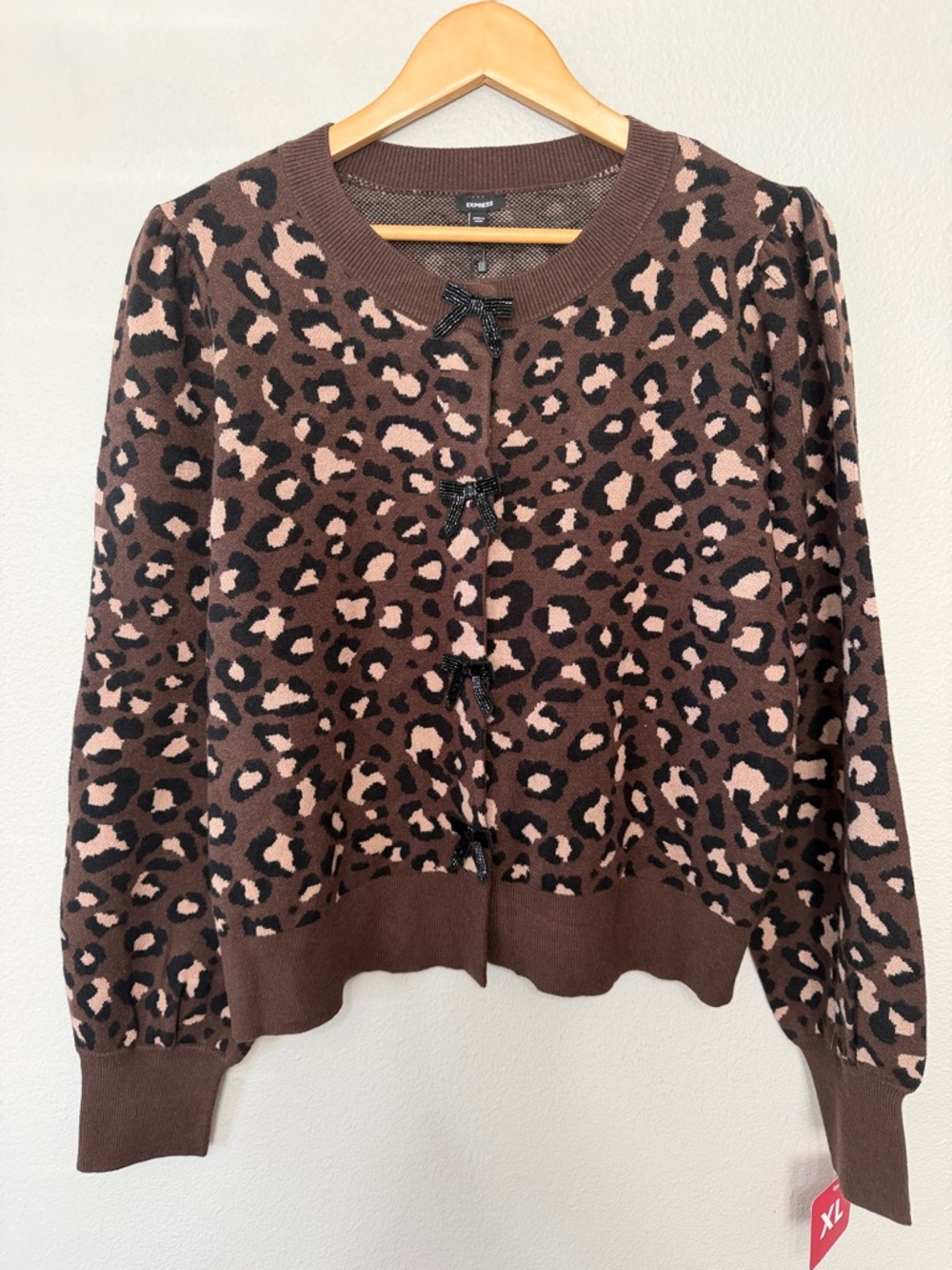 Brown Leopard Print Cardigan with Bow‎ Closures EXPRESS